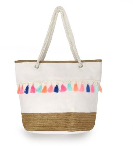 Sonia Originelli Shopper Strandtasche mit Quastenverzierung Neon Bommel Bastentasche Farbe beige
