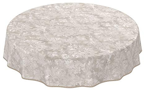 Wachstuchtischdecke abwaschbar Garten Tischdecke Wachstuch Rund Oval Eckig Indoor Outdoor Barock Rankenmuster Hellgrau-Beige Rund 140cm mit Saum - Eingefasst
