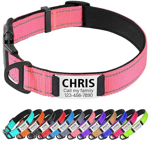 TagME Personalised Dog Collar Reflective Padded Collar for Large and Extra Large Dogs with Custom Engraved Slide On Name Plate,Baby Pink L