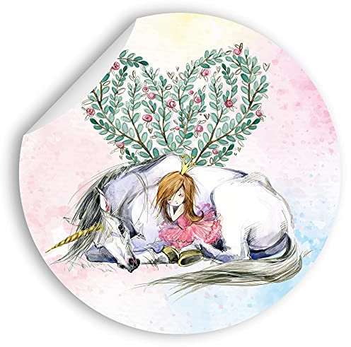 Wandtattoo - Motiv Einhorn mit Mädchen - Rund Ø 70cm - Wandaufkleber für Kinderzimmer - Fototapete selbstklebend - Wandsticker