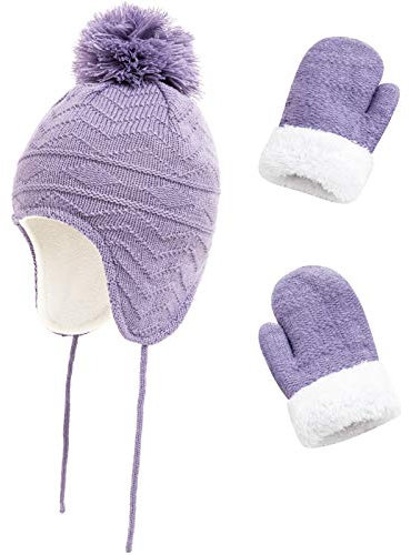 Roadoor Baby Wintermütze Kinder Winter Ohr Muff Beanie Bommel Strickmütze Dicke Handschuhe Wärmer Set für Mädchen Jungen - Helllila, helllila, {language_tag:tr_GB, değer: M”