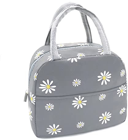 Sonuimy Lonchera aislada para mujeres y niñas, reutilizable, bonita lonchera para adultos y hombres, a prueba de fugas, para el trabajo, oficina, viajes, escuela, picnic (gris con margaritas blancas)