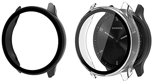 Onetuo - Funda protectora para Garmin vívomove Sport, con protector de pantalla de cristal compatible con Garmin vívomove Sport Smartwatch 2021 (Negro+Transparente)