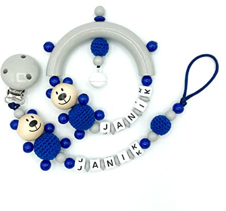 Set Nuckelkette & Greifling mit Wunschname 3D-Bär TEDDY BÄR Hellgrau Dunkelblau/Junge & Mädchen