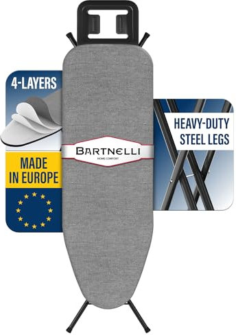 Bartnelli by Rorets - Tabla de planchar fabricada en Europa, tabla de hierro con cubierta de 4 capas y almohadilla, altura ajustable hasta 36 pulgadas, cuenta con un soporte de hierro de seguridad, 4