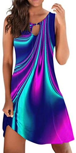 Abito boho da donna con stampa vintage, abito estivo corto, da donna, taglie grandi, elegante, scollo rotondo, senza maniche, linea ad A, per feste, per il tempo libero, Z011 viola scuro, XL