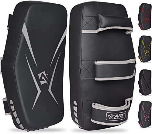 AQF Thai Pads für Kickboxen Muay Thai Pad mit festem Griff, Maya Leder Gebogene Strike Schild für Boxen MMA Kampfsport Taekwondo, Training Sport (Paar, Silber)