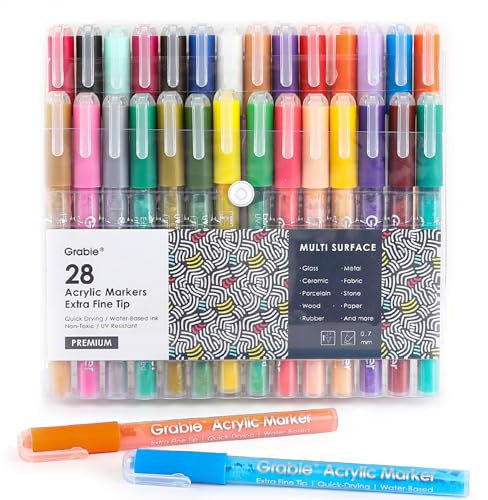 Grabie Acrylstifte, Marker, 28 Farben, 0,7 mm, extra feine Spitze, Premium-Malstifte zum Malen auf verschiedenen Oberflächen, Acrylfarben-Set, Kunstbedarf für Acrylfarbe, mehrfarbig