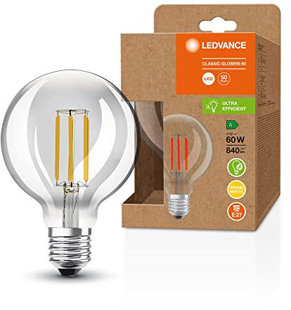 LEDVANCE LED Stromsparlampe, Filament Globe mit E27 Sockel, Warmweiß (3000K), 4 Watt, ersetzt herkömmliche 60W-Leuchtmittel, besonders hohe Energieeffizienz und stromsparend, 6er-Pack
