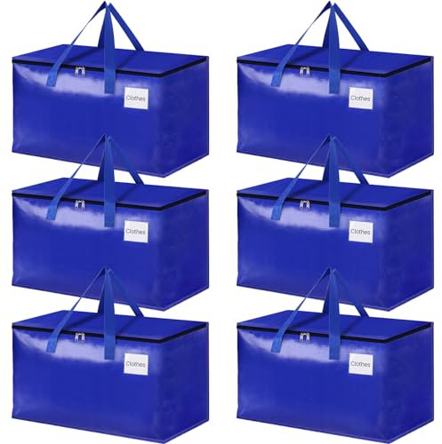 StorageRight Umzugskartons, robuste Umzugskartons, Aufbewahrungstaschen mit Reißverschluss, verstärkte Griffe und Etikettenfach, zusammenklappbar, für Umzug, 93 l (blau, 6 Stück)