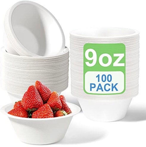 GREENESAGE 100 Pack Paper Bowls Disposable Bowls 9oz - Eco-Friendly, Sugarcane Strong White Bowls 100% Biodegradable and Compostable Soup Bowls for Party BBQ Picnic