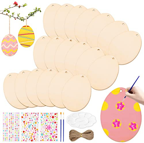 Dekewe 66 Stück Ostern Basteln Kinder Osterdeko Holz Holzanhänger Ostern Anhänger Holz ostern Basteln DIY Anhänger Osterdeko Basteln Mit Ostereier Strass Zwirnen Selbstklebend Holzanhänger Frühling