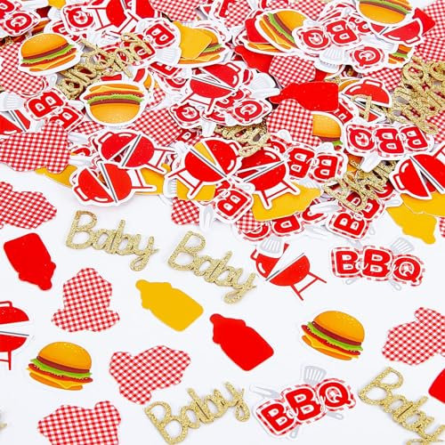 Kreatwow 200 piezas de confeti para baby shower para barbacoa, color rojo y amarillo, decoración de mesa de barbacoa de verano, confeti con hamburguesa de bebé, suministros de decoración de fiesta