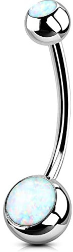 OUFER 14G Bauchnabelpiercing Ring Titan 16 mm Piercing Bauchnabel Lang Kurz Weißer Opal Edelstein Kugeln Belly Button Piercing Navel Bars Silber 1.6 mm Nabelring Frau Schmuck