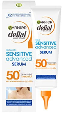 Garnier Delial Sensitive Advanced Sérum Solar Corporal Muy Alta Protección FPS 50+. Con [Ceramida] para reforzar la barrera de la piel. Para pieles claras, sensibles e intolerantes al sol. 125 ml