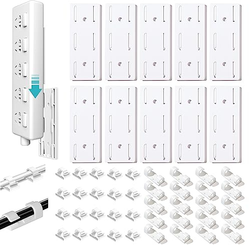 Adhesive Punch-Free Socket Holder, 10Pcs Power Stirp Holder and 50Pcs Cable Clips Kit, Self-Adhesive Power Strip Holder Wall Mount-Space-Saving and Easy to Install