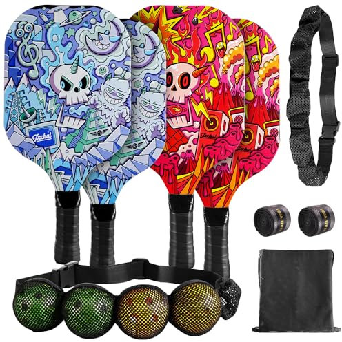 Juego de 4 palas de pickleball con 4 paletas de madera de primera calidad, 4 bolas de pickleball, 2 cintas de agarre y 2 cinturones de pickleball y bolsa de transporte para principiantes, hombres,