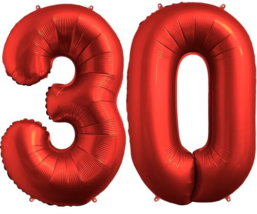 FUNFEST Luftballons zum 30. Geburtstag, Farbe Chromrot, 100 cm – Geburtstagsballon-Dekoration – inklusive XL-Ballon zum 30. Geburtstag und Strohhalm – fliegen mit Helium – Ballon in Premium-Qualität