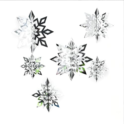 Norinoya 3D-Stereo-Schneeflocken-Anhänger, Weihnachtsdekoration, Lametta, Schneeflocken-Dekoration für Decke, Fenster, Tür, Neujahr (6-teiliges Set) (Silber)