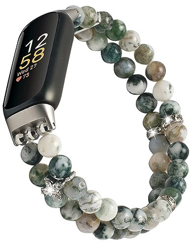 Handarbeit Uhrenarmband Armband für Fitbit Inspire 3 aus Naturstein Elastischer Bänder Ersatzband Armbänder Smartwatch Zubehör Damen,Herren(Green)