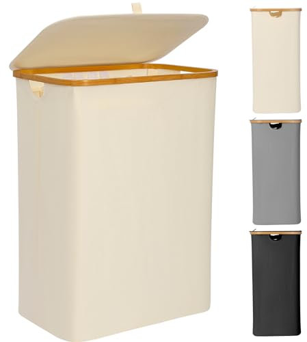 EDWINENE 160L Wäschekorb mit Deckel 3 Fächern, Faltbarer Groß XXL Wäschekorb mit Bambusgriffen und Abnehmbarem Wäschesäcke, Laundry Baskets für Schlafzimmer Badezimmer Waschküche (Beige)