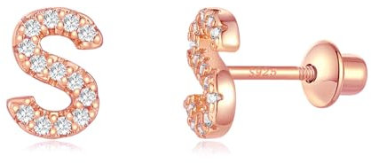 Buchstabe Ohrringe Silber 925, Initiale S Kleine Rose Gold Ohrringe für Mädchen Damen Geburtstag