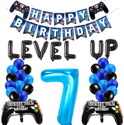 7 Geburtstag Junge Deko, Videospiel Luftballon 7. Geburtstag Blau, Gamer Geburtstagsdeko 7 jahre Junge, Schwarz Blau Ballons Zahl 7 Folienballon für Kinder Jungen Party Dekoration