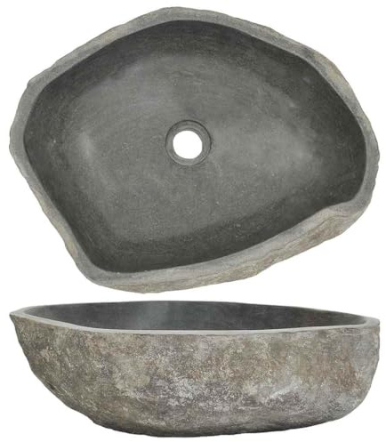 Oval Waschbecken aus Flussstein, glatt polierte Innenfläche, unregelmäßige Naturform mit Abflussloch Ø 4,5 cm, für Badezimmer und Gäste-WC geeignet