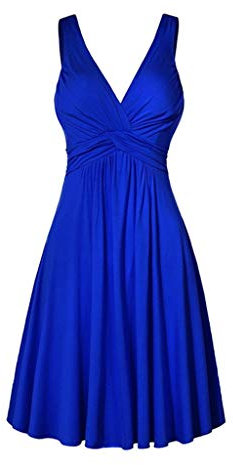 Robe Femme Été Mi-Longue Fluide Chic Sexy Dos Nu Décolleté Col V Uni Midi Vintage Rétro Cocktail Grande Taille Plage Sans Manches (Blue, XXXXXL)
