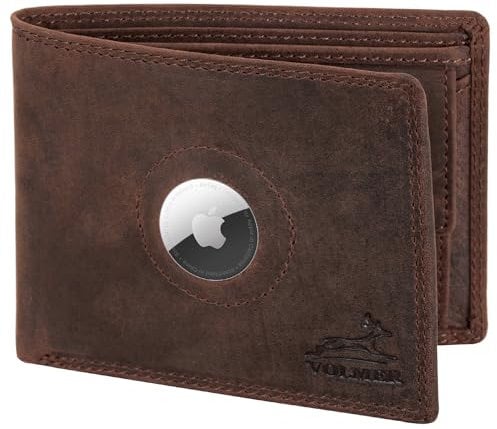 Fa.Volmer ® Leder Smart Airtag Geldbörse Herren mit RFID-Schutz - extra-stabile Doppelnaht - mit Münzfach - Querformat (Braun Airtag)
