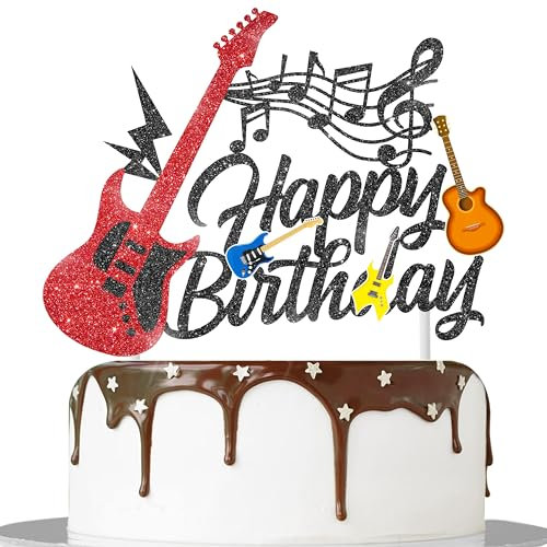 C L cooper life Guitar Cake Topper Red Glitter Music Note Birthday Cake Topper Decoration for Rockstar Musician Bass Guitar 80's Retro Themed Party Supplies