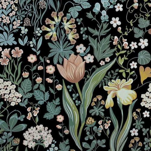 LiKiLiKi Tapete Selbstklebend 44x300cm Schwarz Tapete Blumen Mustertapete Vintage Blüten Blätter Blumentapete Vinyl Möbelfolie Wandtapete Klebetapete für Schrank Schlafzimmer Wohnzimmer Badezimmer