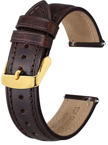 BISONSTRAP Retro Leder Uhrenarmband für Herren, Ersatzarmband aus Ölgewachstem Kalbsleder, Schnellverschluss, 18mm, Kaffeebraun (Goldene Schnalle)