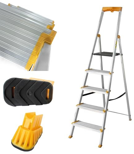 DRABEST Escalera de Tijera 5 peldaños Plegable - Escalera de Aluminio - Escalera Plegable Robusta con Estante y peldaños Anchos - 120 mm - Escalera para Uso doméstico y Trabajo - hasta 150 kg