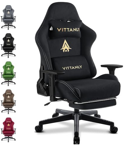 Vittanly Gaming Stuhl, Luxuriöser Wildlederimitat Gaming Chair Bürostuhl, Ergonomischer Schreibtischstuhl mit Fußstütze Kopfstütze und Lendenkissen, 3D Armlehnen, 90-155° Rückenlehne, Schwarz