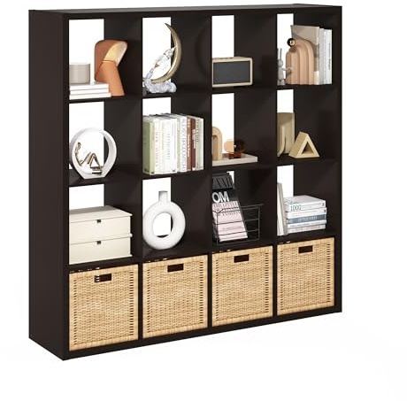 Furinno CUBICLE Book Shelf, 16-Cube Thick Frame Bookshelf, Reversible Bookcase with Open Back, 14.6 x 57.8 x 58, for Living Room, Bedroom, Home Office, Black Dark Oak