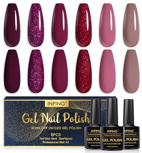 INPING Smalto Semipermanente Unghie, 6 Colori Rosso Viola Rosa Scuro Nudo Glitter Smalto Unghie, Serie Dark Smalti per Unghie Gel UV/LED Novice Nail Art DIY, 8 ML