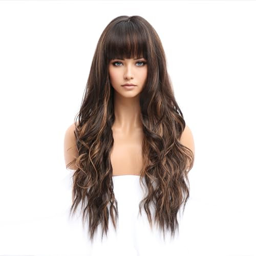 SIMKAYLEE Gewellte Lange Braune Perücke mit Blonden Strähnen für Frauen Wellen Lang Dunkelbraun Perrücke mit Highlights Pony Damen Locken Perücken Braun Blonde Spitzen für Täglichen Motto Party (66cm)