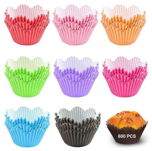 RETON 600 Pcs Flower Petal Cupcake Liners, Floral Shaped Cupcake Wrappers for Muffin Case Trays, Colorful Paper Baking Cups for Birthday Easter Wedding Party Supplies Decor (Assorted Colors)