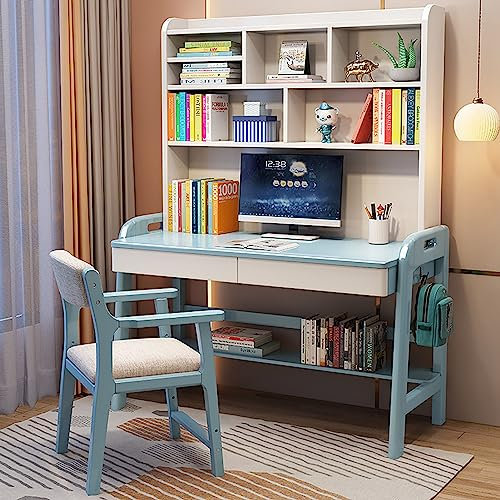 Schreibtisch aus Massivholz mit 2 Schubladen und Aufsatz, moderner Home-Office-Schreibtisch, höhenverstellbarer Computer-Arbeitstisch, Arbeitsplatz für den Heim- und Schulgebrauch, ohne Stuhl (114 x