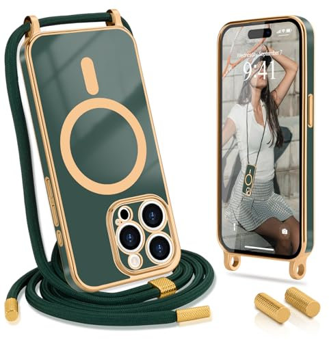 Wirvyuer Coque avec Cordon Compatible avec iPhone 15 Pro Max(6.7) Coque Magnétique Collier Réglable Étui Silicone galvanisé Cellulaire Cover Lanyard Case pour iPhone 15 Pro Max Vert foncé