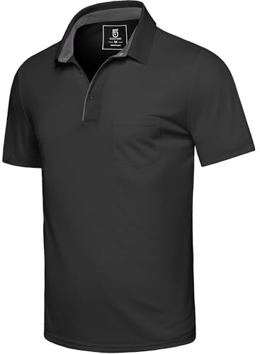 GLESTORE Poloshirt Herren Golf Kurzarm Poloshirts für Männer Polo Tshirt mit Brusttasche Schwarz L