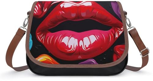 Umhängetasche für Damen, Reise-Umhängetasche, klein, Leder, Rot und Gelb, Mehrfarbig, Kussmund, Einheitsgröße, Bunt