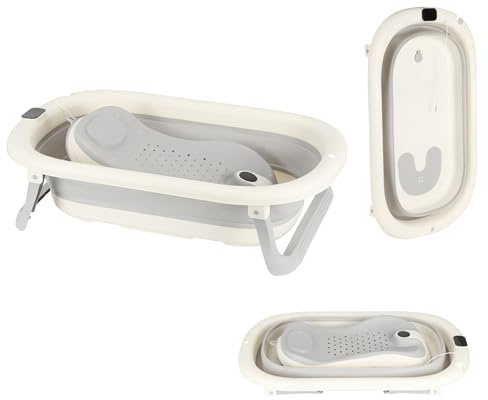XUANYU Baignoire Pliable avec Transat de Douche, Thermometre Digital et Trou de Drainage Portable, Baignoire de Bain Autonome pour Nouveau-nés, Baignoires en Plastique PP+TPE (Gris D)
