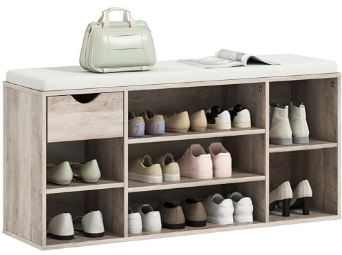HOMCOM Shoe Bench with Seat Cushion Shoe Storage Cabinet with 7 Compartments Drawer Adjustable Shelves for Entryway Hallway Living Room, Grey