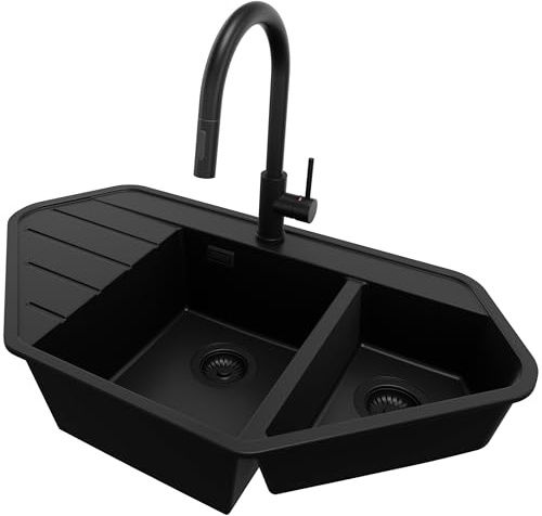PRIMAGRAN Granitspüle ab 70er Unterschrank + Küchenarmatur, 90x50cm | Set: Küchenarmatur BW9010 + Ablauf-Set (Siphon, Ablaufgarnitur, Überlauf) + Spülbecken 1,5 Becken - Kopenhagen, Alles Schwarz