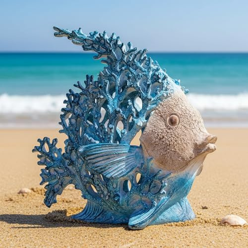 XIYOUQI Meereskorallenfisch-Figur – 24,9 cm Küsten-Kaiserfisch-Skulptur für Badezimmer, Regal oder Schreibtisch – Blaue Koralle Ozean Dekor Statue für Tischplatte, Eingang, Büro oder Strandhaus