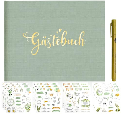 Gästebuch Hochzeit -Set, 144 Seiten Gästebuch Hochzeit Blanko, 23x17 cm, mit 12 Hochzeitsaufklebern und 1 Metallischer Marker, Geeignet für Hochzeiten, Geburtstage, Taufen und Andere Anlässe