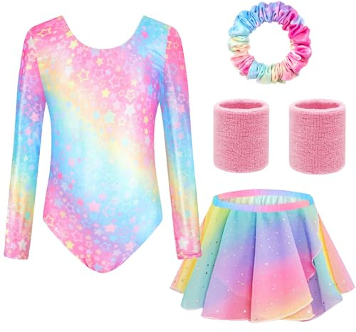 TOSZOLY Justaucorps Gymnastique Fille – Ensemble 5 Pièces, Justaucorps Manche Longue, Jupe, Bandeau, Poignets, Tenue Danse Ballet 4-9 Ans, Idéal pour Spectacle, Entraînement ou Cours de Danse
