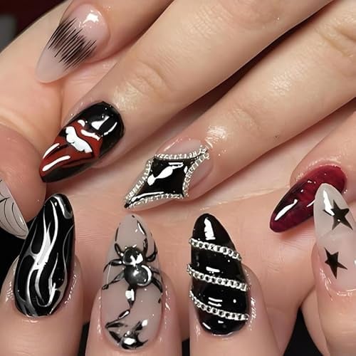 LunarCharm 24 Stück Press on Nägel, mittelgroße mandelförmige Kunstnägel, Spinnen-Design, Acrylnägel, vollständige Abdeckung, Jelly-Press-on-Nägel für Halloween
